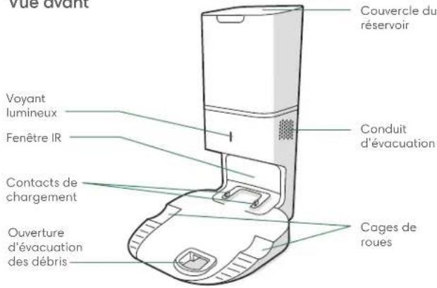 vue avant Couvercle du réservoir Voyant lumineux Fenêtre IR Conduit d'évacuation Contacts de chargement Ouverture d'évacuation des débris Cages de roues