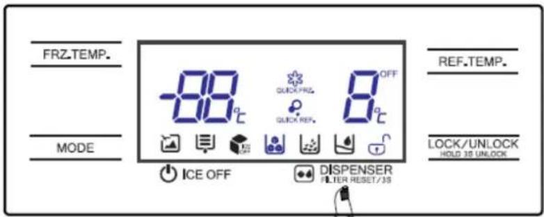 FRZ.TEMP. MODE -88°C QUICK/FRZ 8°C OFF ICE OFF DISPENSER FILTER RESET/35 REF.TEMP. LOCK/UNLOCK HOLD 35 UNLOCK