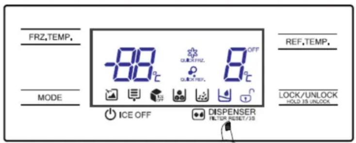 FRZ,TEMP. MODE ICE OFF QUICK/THYZ. QUICK/REF. 8 °C OFF DISPENSER FILTER RESET/35 REF,TEMP. LOCK/UNLOCK HOLD 35 UNLOCK
