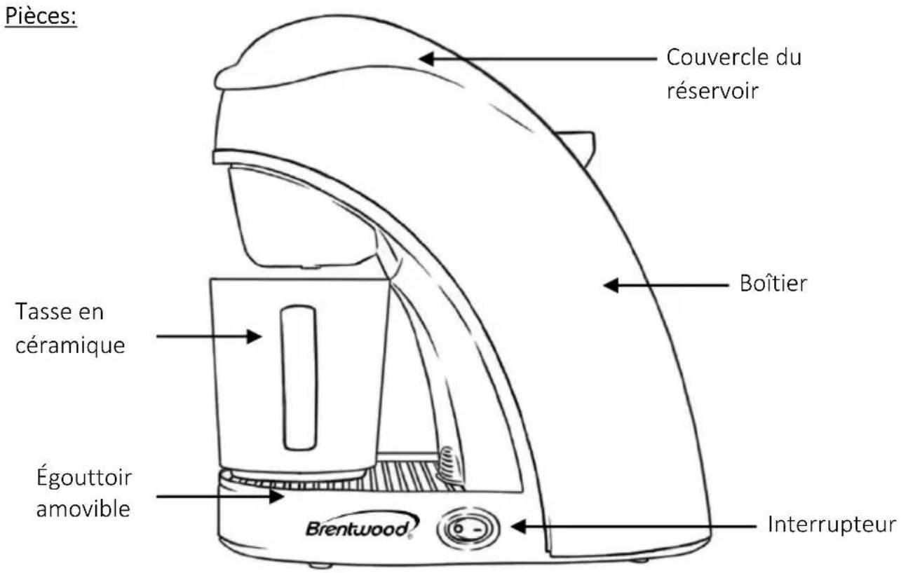 Pièces: Couvercle du réservoir Boîtier Tasse en céramique Égouttoir amovible Brentwood® Interrupteur