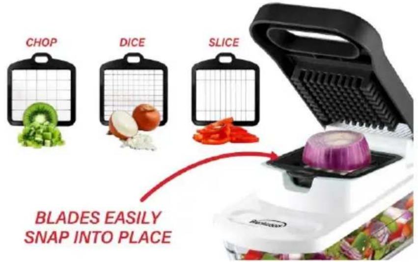 CHOP DICE SLICE BLADES EASILY SNAP INTO PLACE
