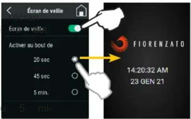 Écran de veille Écran de veille Activer au bout de 20 sec 45 sec 5 min. Fiorenzato 14:20:32 AM 23 GEN 21