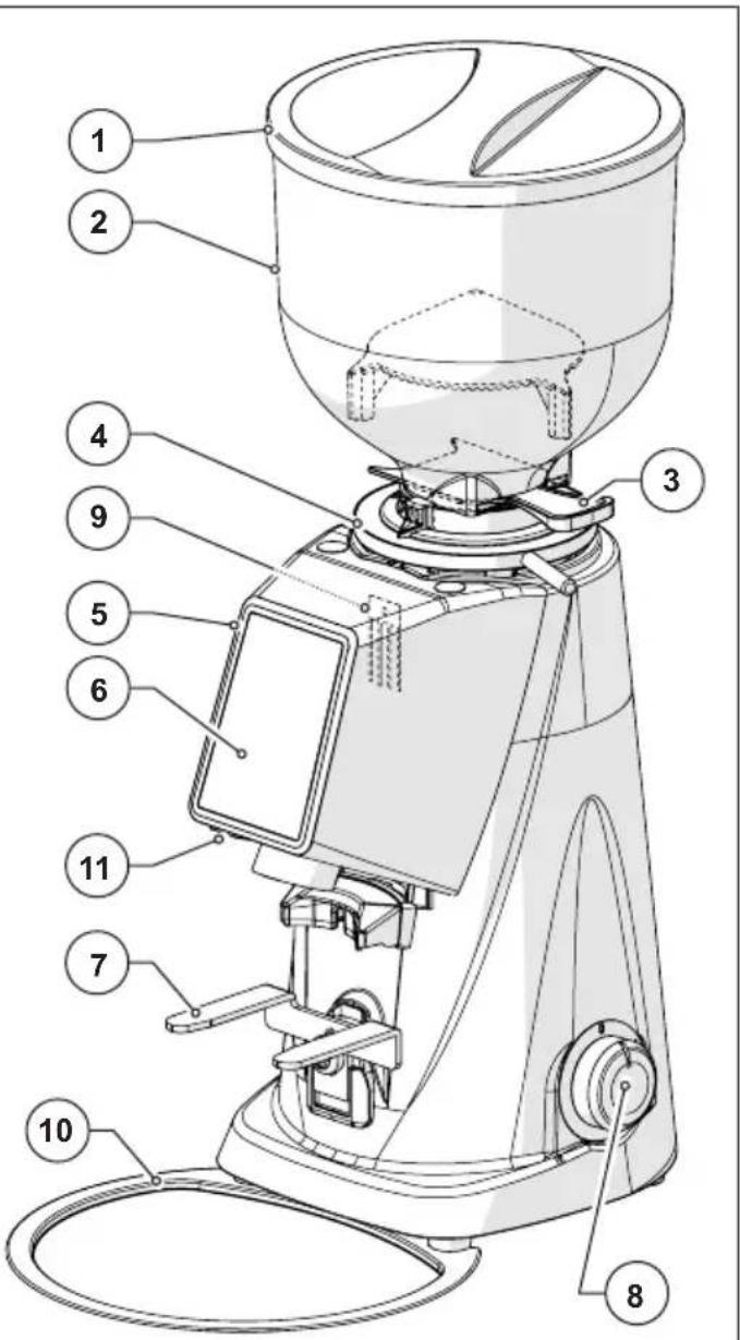 Fiorenzato F4 EVO - Identificación de las partes principales del Molinillo dosificador - 1