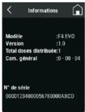 Informations Modèle :F4 EVO Version :1.0 Total doses distribuée:1 Com. général :0 - 00 - 04 N° de série 00001234000056780000ABCD