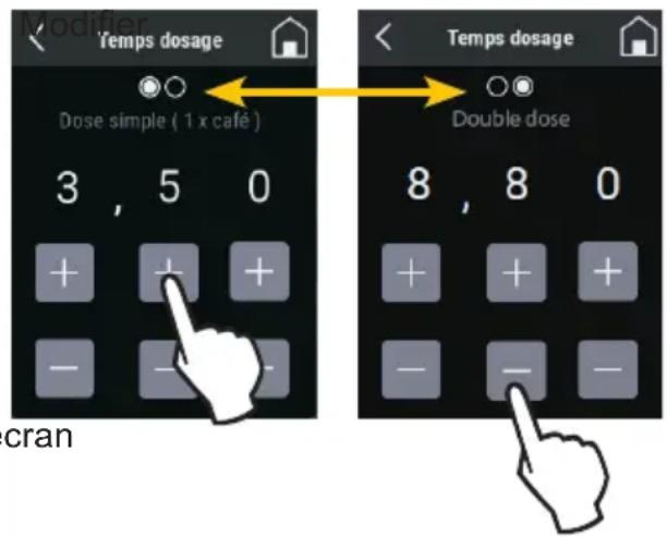 Temps dosage Dose simple ( 1 x café ) 3 , 5 0 + + + - - ... Temps dosage Double dose 8 , 8 0 + + + - - - cran