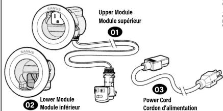 SANUS 1 Upper Module Module supérieur 01 Lower Module Module inférieur 02 Power Cord Cordon d'alimentation 03