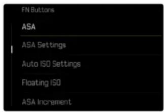 FN Buttons ASA ASA Settings Auto ISO Settings Floating ISO ASA Increment