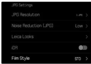 JPG Settings JPG Resolution L-JPG > Noise Reduction (JPG) Low > Leica Looks > iDR Film Style STD >