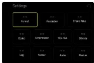 Settings -- Format -- Resolution -- Frame Rate -- Codes -- Compression -- Live/Hot -- Glide -- Leg -- Sensor -- Audio -- Mask