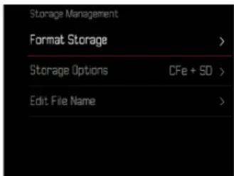 Storage Management Format Storage > Storage Options CFe + SD > Edit File Name >