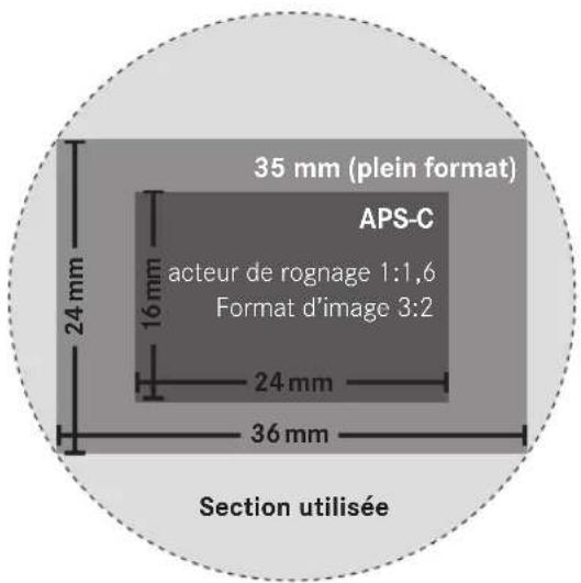35 mm (plein format) APS-C acteur de rognage 1:1,6 Format d'image 3:2 24 mm 16 mm 24 mm 36 mm Section utilisée