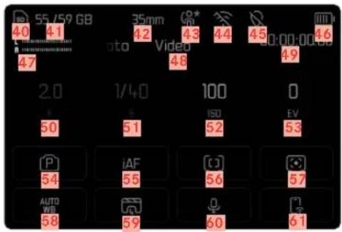 ISO 55/59 GB 40 41 35mm (°) 42 43 44 45 47 48 49 2.0 1/4.0 100 0 50 51 ISO 52 EV 54 iAF 56 57 AUTO WB 58 59 60 61 Video 20:00:00:00