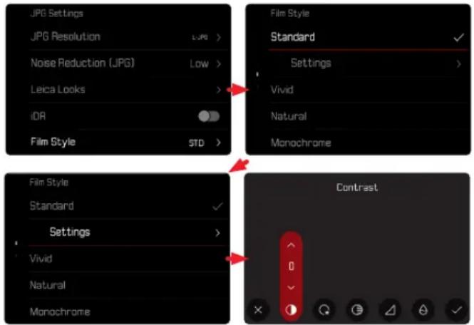 JPG Settings JPG Resolution LJPG > Noise Reduction (JPG) Low > Leica Looks > iDR Film Style STD > Film Style Standard Settings Vivid Natural Monochrome Film Style Standard Settings Vivid Natural Monochrome Contrast