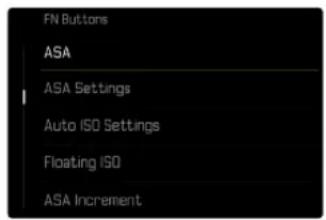 FN Buttons ASA ASA Settings Auto ISO Settings Floating ISO ASA Increment