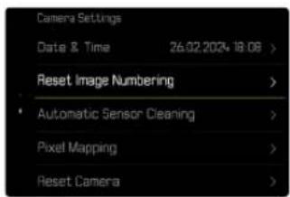 Camera Settings Date & Time 26.02.2024 18:08 > Reset Image Numbering > Automatic Sensor Cleaning > Pixel Mapping > Reset Camera >