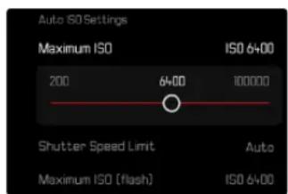 Auto ISO Settings Maximum ISO ISO 6+00 200 6+00 100000 Shutter Speed Limit Auto Maximum ISO (flash) ISO 6+00
