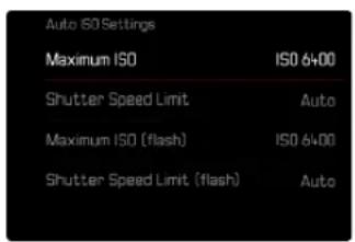 Auto ISO Settings Maximum ISO ISO 6400 Shutter Speed Limit Auto Maximum ISO (flash) ISO 6400 Shutter Speed Limit (flash) Auto