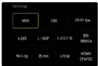 Settings MOV CBK 29.97 fps h.265 L-GOP +2.0 / 10 300 Mbit/s No Log 35 mm LPCM HDMI/CFe/SO