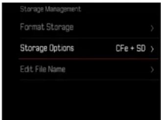 Storage Management Format Storage > Storage Options CFe + SD > Edit File Name >
