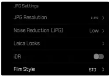 JPG Settings JPG Resolution L-JPG > Noise Reduction (JPG) Low > Leica Looks > iDR Film Style STD >