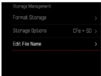 Storage Management Format Storage > Storage Options CFe + SD > Edit File Name >