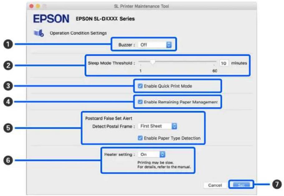 EPSON SureLab SL-D1000 - Explication de l'écran Paramètres des conditions de fonctionnement - 1