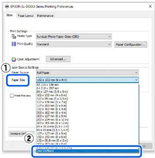 EPSON SL-DXXX Series Printing Preferences Mon Page Layout Maintenance Print Settings Media Type SuriLab Photo Paper Gloss (250) Print Quality Standard Paper Configuration... Color Adjustment Advanced... Paper Source Settings Paper Source Roll Paper 152 x 102 mm (6 x 4 m) A3 210 x 148 mm A4 210 x 297 mm 89 x 127 mm (3.5 x 5 m) 102 x 152 mm (4 x 6 m) 127 x 89 mm (5 x 3.5 m) 127 x 178 mm (5 x 7 m) 127 x 203 mm (5 x 8 m) 152 x 302 mm (6 x 4 m) 203 x 302 mm (8 x 4 m) 203 x 327 mm (8 x 5 m) 203 x 254 mm (8 x 10 m) 203 x 305 mm (8 x 12 m) 89 x 30.8 mm (3.5 x 2 m) 89 x 30.8 mm (3.5 x 3.5 m) 127 x 127 mm (5 x 5 m) 152 x 152 mm (6 x 6 m) 152 x 50.8 mm (5 x 2 m) 102 x 301 mm (4 x 8 m) Restore Def Non-Defined