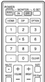POWER *** MONITOR ID SET ON OFF HDMI DP OPTION 1 2 3 4 • 5 6 7 8 9 • 0 CLEAR MUTE + MODE VOLUME BRIGHT SIZE PP/PP/P