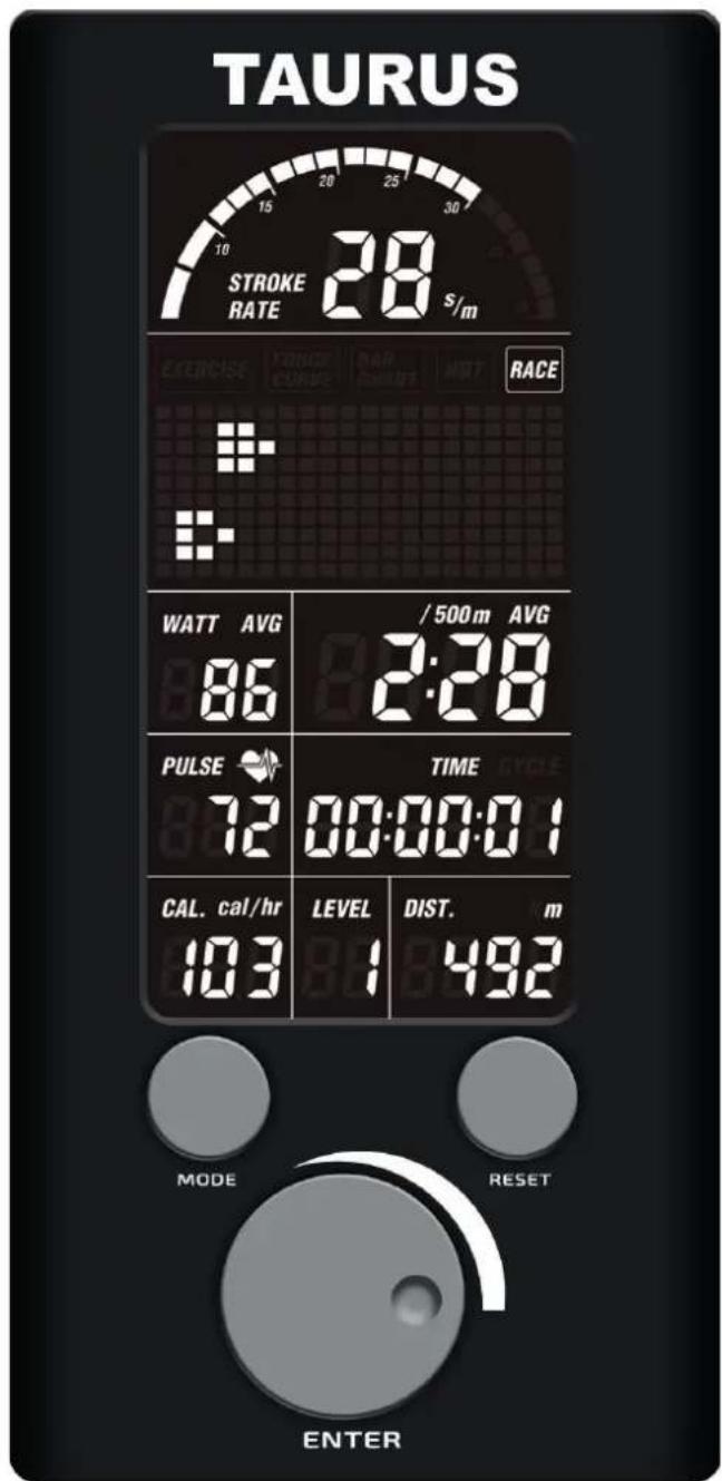 TAURUS STROKE RATE 28 s/m RACE WATT AVG 86 / 500 m AVG 2:28 PULSE 72 TIME CYCLE 00:00:01 CAL. cal/hr LEVEL DIST. m 103 1 492 MODE RESET ENTER
