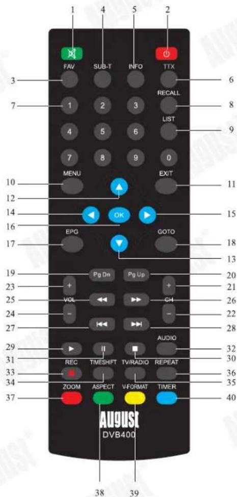 August DVB400 - Boutons de la télécommande et fonctions - 1