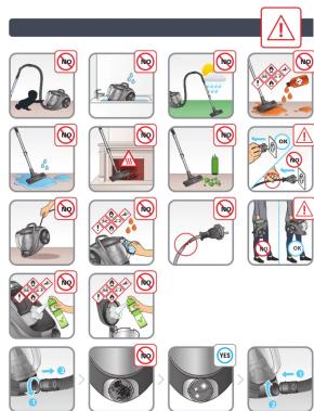 Safety warning icons for cleaning and disinfection of a vacuum cleaner, showing various methods to prevent accidents or damage.
