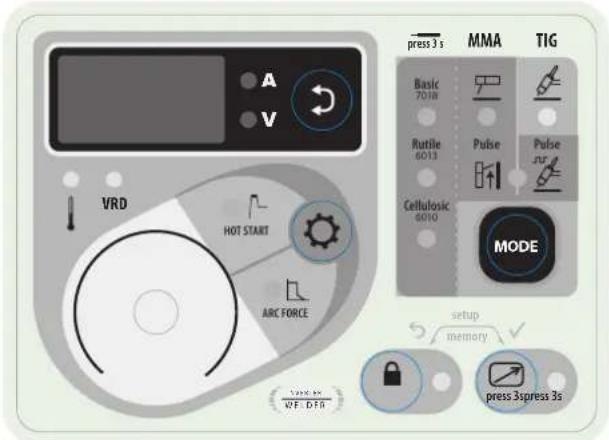 A V VRD HOT START ARC FORCE PRESS 3 s MMA TIG Basic 7018 Rutile 6013 Pulse Pulse sur Cellulosic 6010 MODE setup memory press 3spress 3s VIF DFR