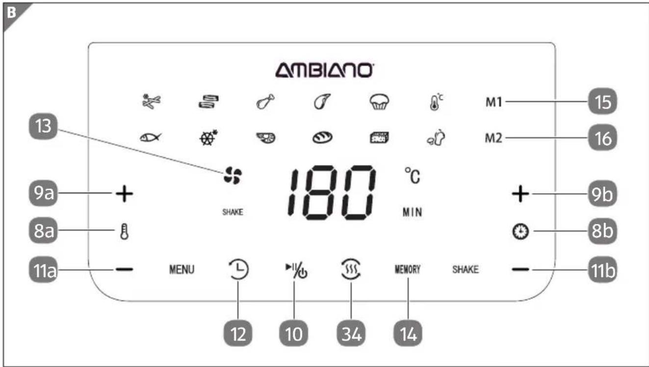 Ambiano GT-AF-12 - Non utilizzare la funzione avvio ritardato 12 se si desidera preparare alimenti facilmente depe- rne o pesce). - 1