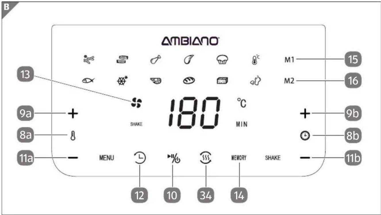 Ambiano GT-AF-12 - Benutzen Sie die Start-Verzögerungsfunktion 12 nicht, wenn Sie leicht verderbliche Lebensmittelten (z. B. Fleisch oder Fisch). - 1