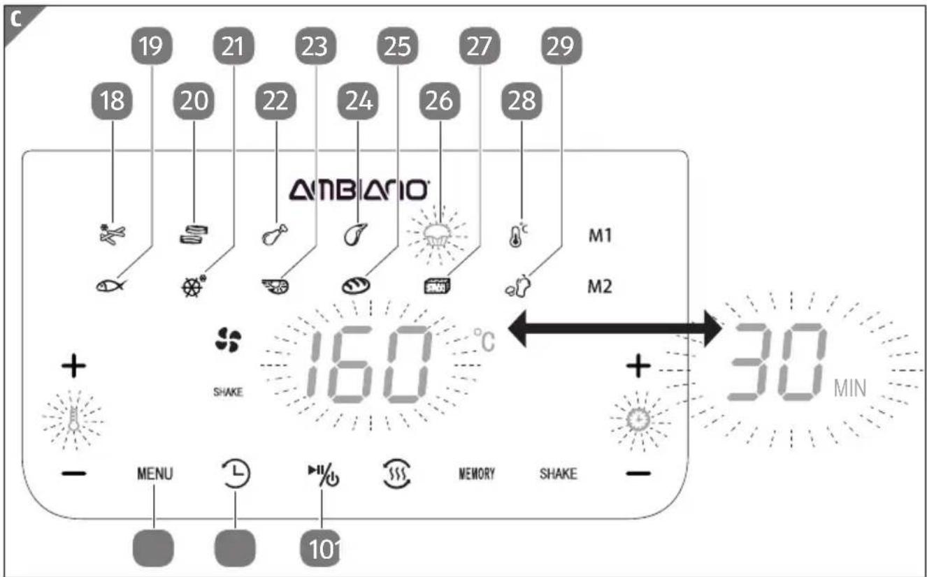 C 19 21 23 25 27 29 18 20 22 24 26 28 ΔMBIANO® M1 M2 + SHAKE 160 °C + 30 MIN - MENU - L - % MEMORY SHAKE - 101