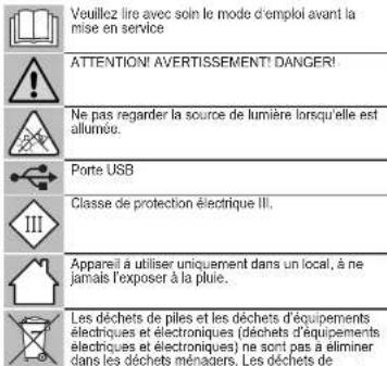 Veuillez lire avec soin le mode d'emploi avant la mise en service ATTENTION! AVERTISSEMENT! DANGER! Ne pas regarder la source de lumière lorsqu'elle est allumée. Porte USB Classe de protection électrique III. Appareil à utiliser uniquement dans un local, à ne jamais l'exposer à la pluie. Les déchets de piles et les déchets d'équipements électriques et électroniques (déchets d'équipements électriques et électroniques) ne sont pas à éliminer dans les déchets ménagers. Les déchets de