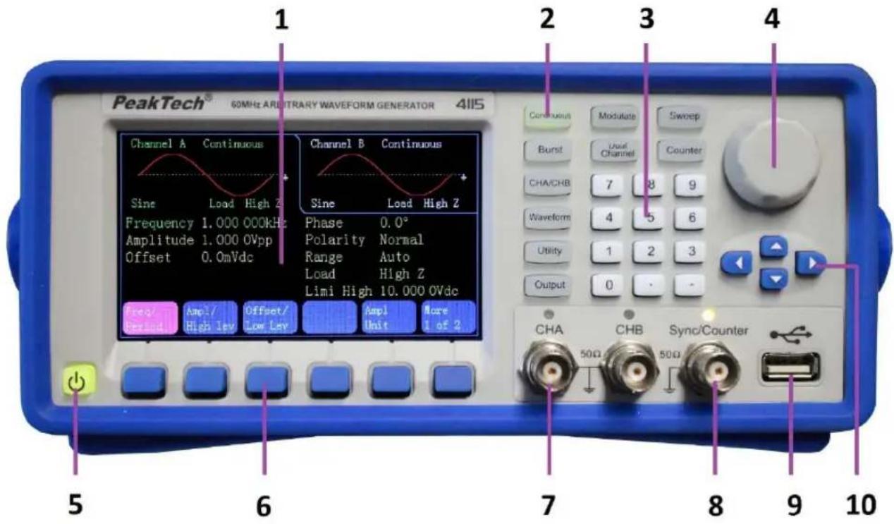PeakTech 4115 - description de la face avant et de la face arrière de l'appareil - 1