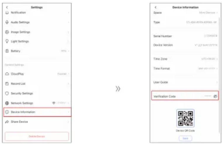 EZVIZ H7c Dual 2K+ - Q: Comment obtenir le code de vérification de l'appareil (6 lettres majuscules)? - 1