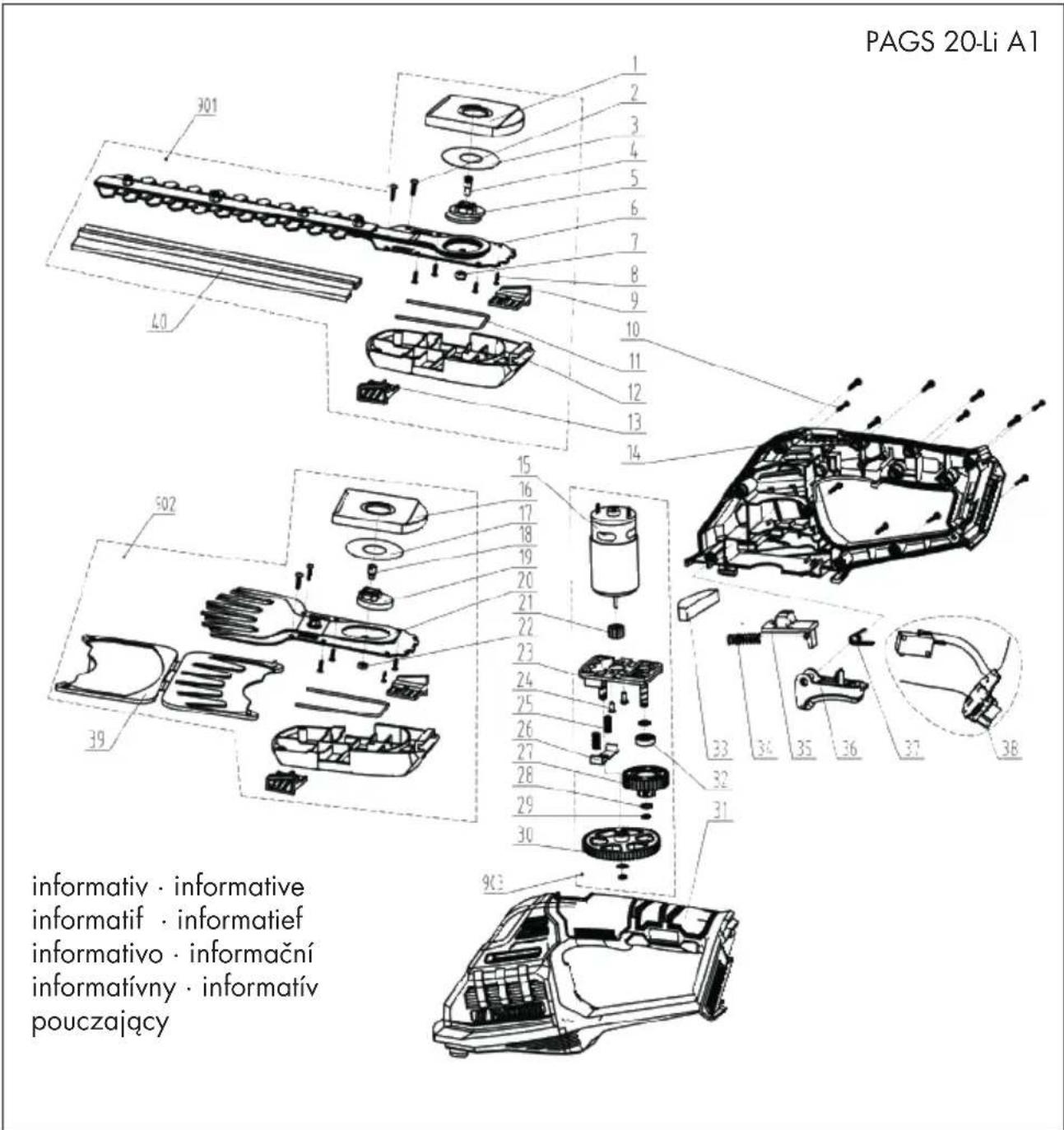 PARKSIDE PAGS 20-Li A1 - Explosionszeichnung • Exploded Drawing Vue éclatée • Explosietekening Plano de explosión • Disegno esploso Rozvinutý výkres • Výkres náhradných dielov Robbantott ábra • Rysunki eksplozyjne Eksplosionstegning - 1