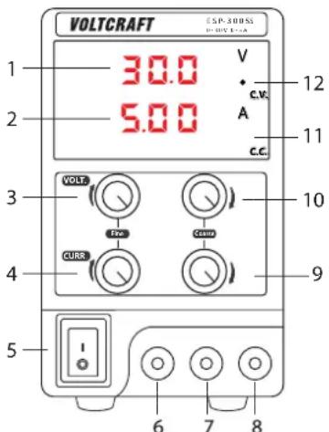 VOLTCRAFT ESP-300SS V-12V-12A 3.0.0 V 5.0.0 c.v. 12 A 11 c.c. 3 VOLT. Line Couna 10 4 CURR 9 5 6 7 8