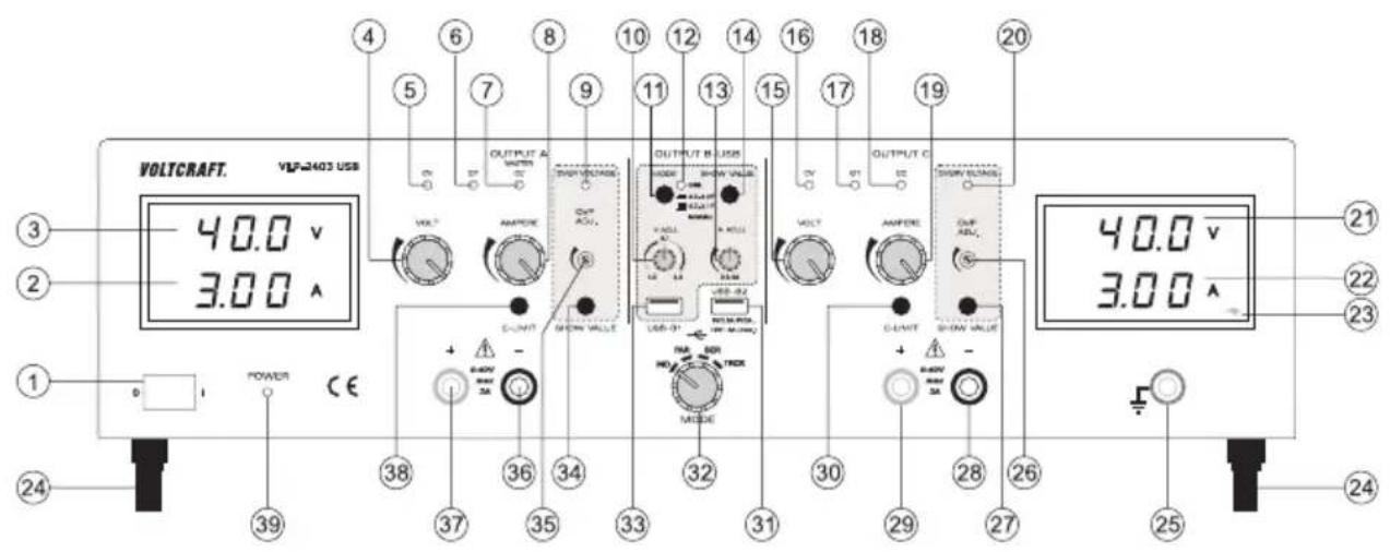 VOLTCRAFT VLP-2403 USB - Éléments de fonctionnement - 1