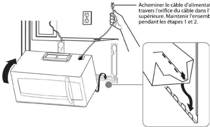 Acheminer le câble d'alimentat travers l'orifice du câble dans l'a supérieure. Maintenir l'ensemb pendant les étapes 1 et 2.
