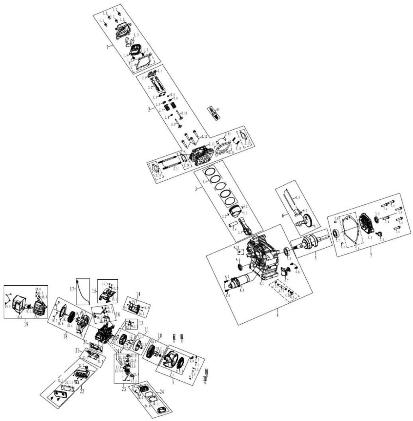Exploded view diagram of a mechanical assembly with numbered parts and exploded views for each component.