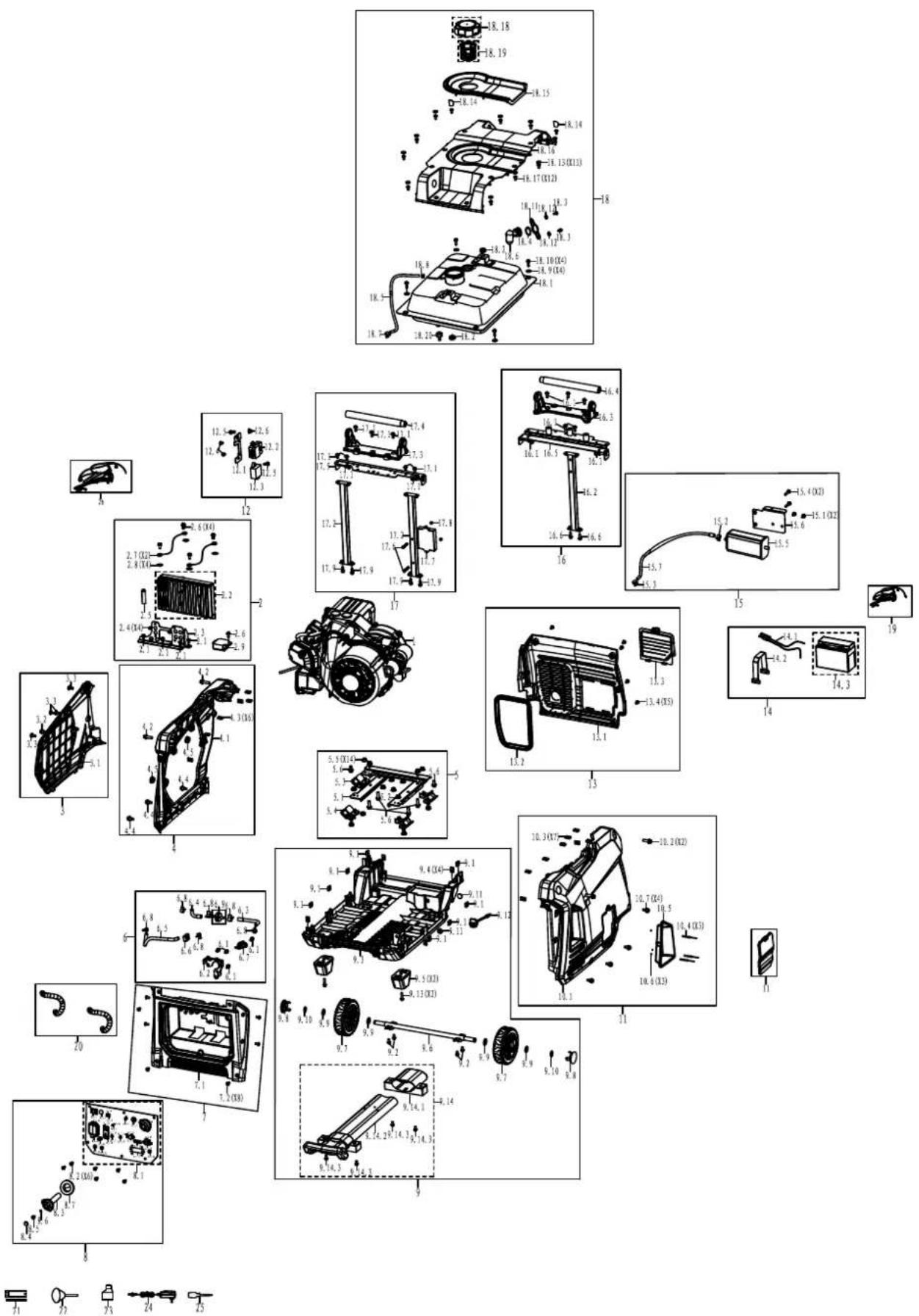 Exploded view diagram of automotive engine components with numbered parts and exploded views