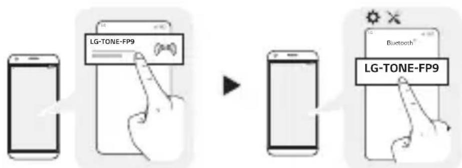 graph LR A["Smartphone"] --> B["LG-TONE-FP9 Screen"] B --> C["Smartphone"] D["Bluetooth Screen"] --> E["LG-TONE-FP9 Screen"]
