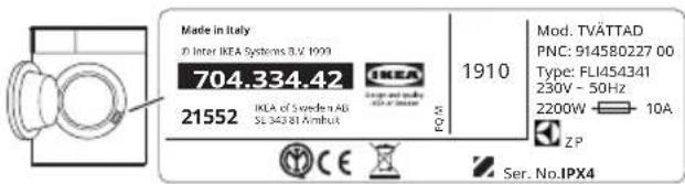 IKEA TVÄTTAD 205.788.11 - Rating plate position 4 - 1