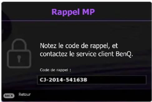 Rappel MP Notez le code de rappel, et contactez le service client BenQ. Code de rappel : CJ-2014-541638 BACK Retour