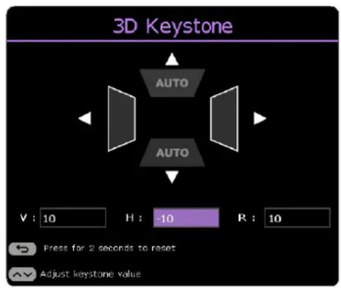 3D Keystone AUTO AUTO V : 10 H : -10 R : 10 Press for 2 seconds to reset Adjust keystone value
