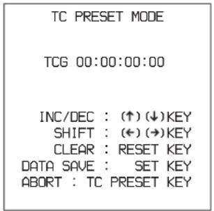 TC PRESET MODE TCG 00:00:00:00 INC/DEC : (↑) (↓) KEY SHIFT : (←) (→) KEY CLEAR : RESET KEY DATA SAVE : SET KEY ABORT : TC PRESET KEY