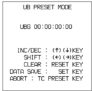 UB PRESET MODE UBG 00:00:00:00 INC/DEC : (↑) (↓) KEY SHIFT : (←) (→) KEY CLEAR : RESET KEY DATA SAVE : SET KEY ABORT : TC PRESET KEY